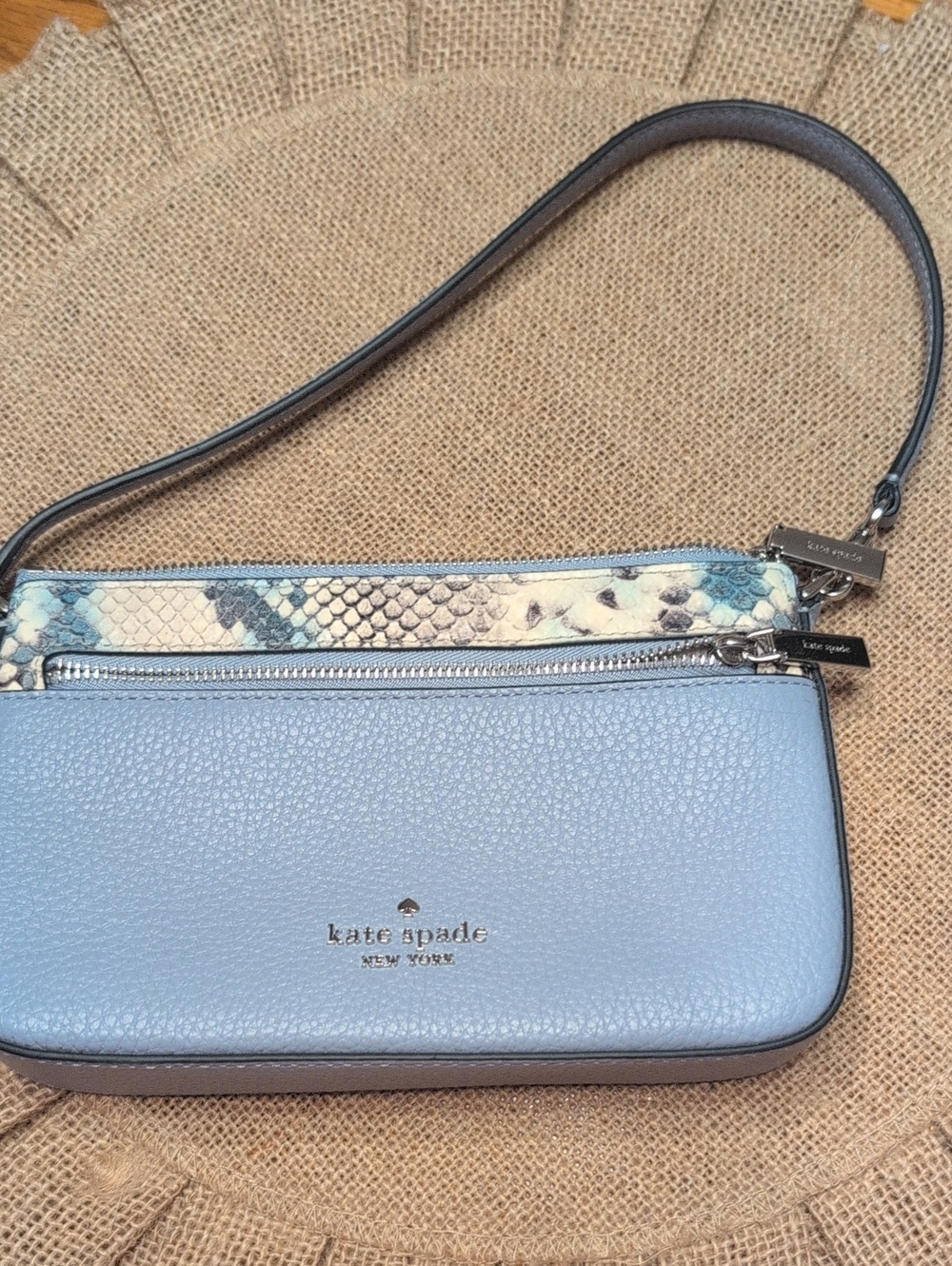 kate spade Light Blue Leather Double Zip Crossbody with Snake-Print Accent